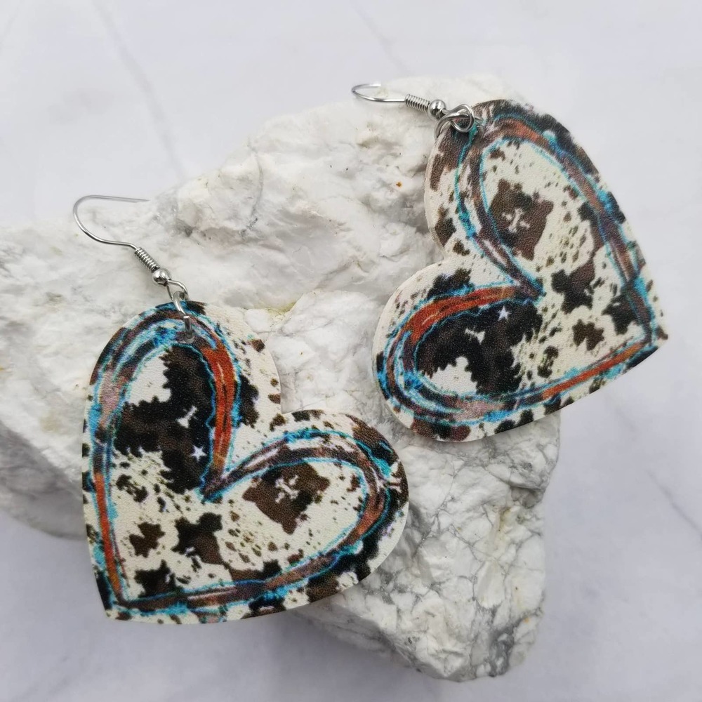 Cow Print Heart Dangle Leather Like Earrings Western